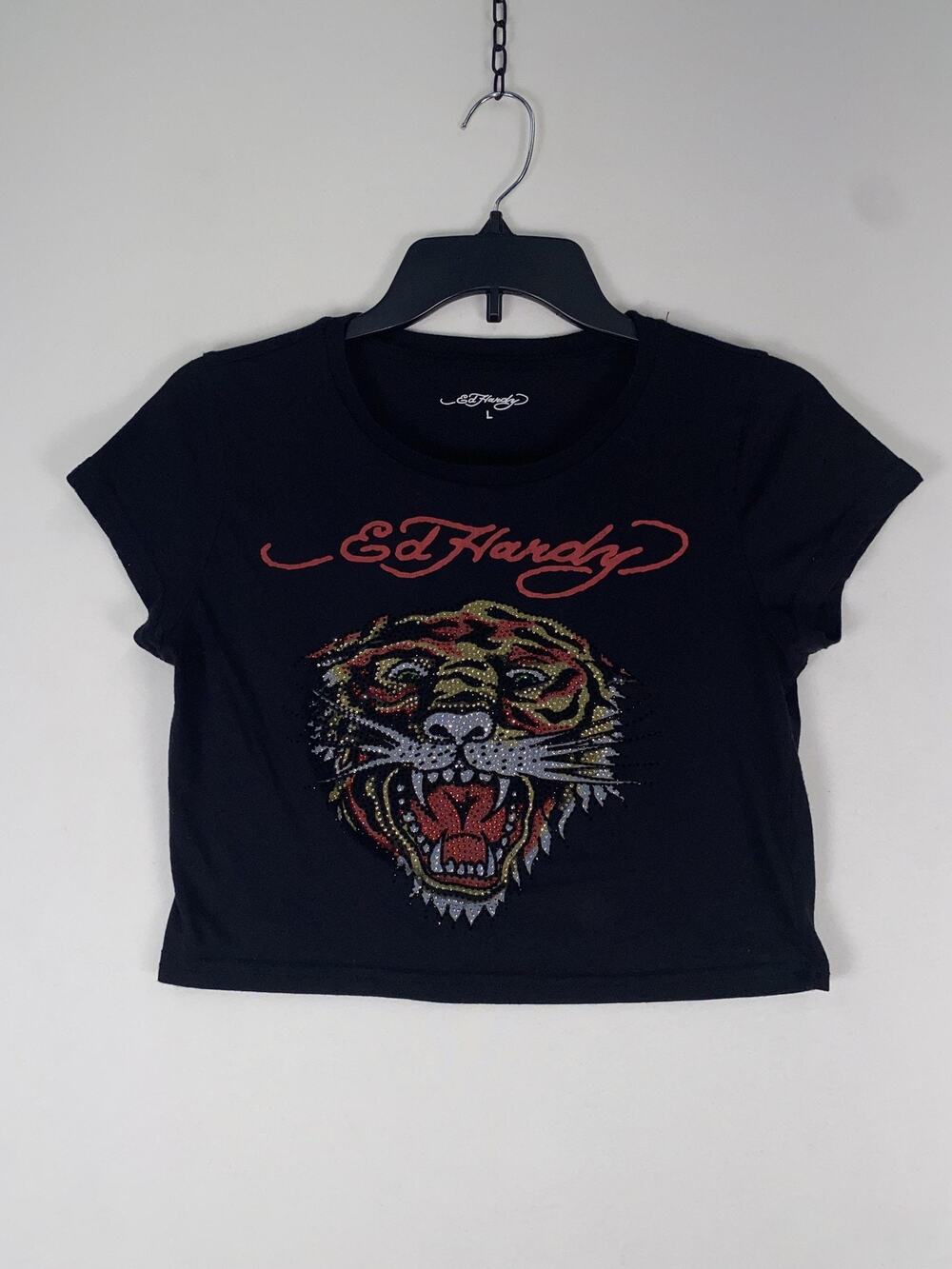 Ed Hardy T-shirt Women's Large Black Rhinestone Tiger Graphic Crop Top Y2K